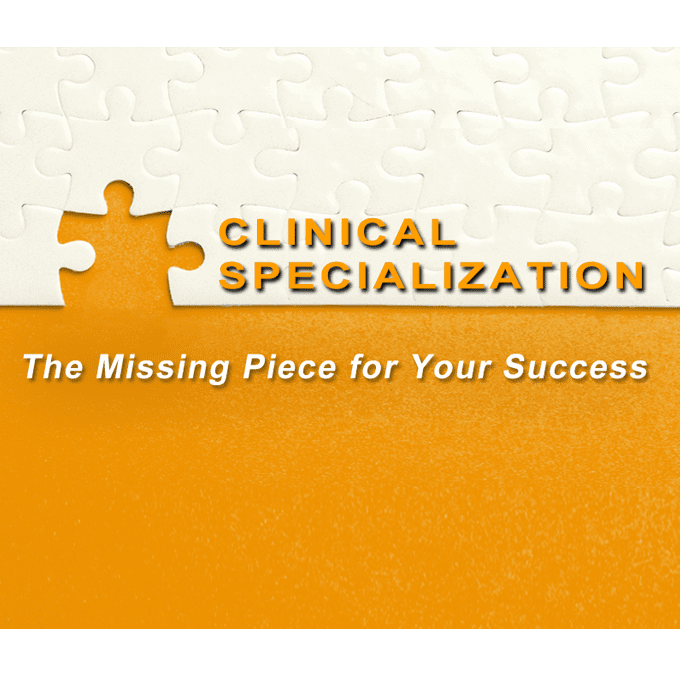 Cover graphic: white puzzle background with an orange missing piece, title 'Clinical Specialization' and subtitle 'The Missing Piece for Your Success'.